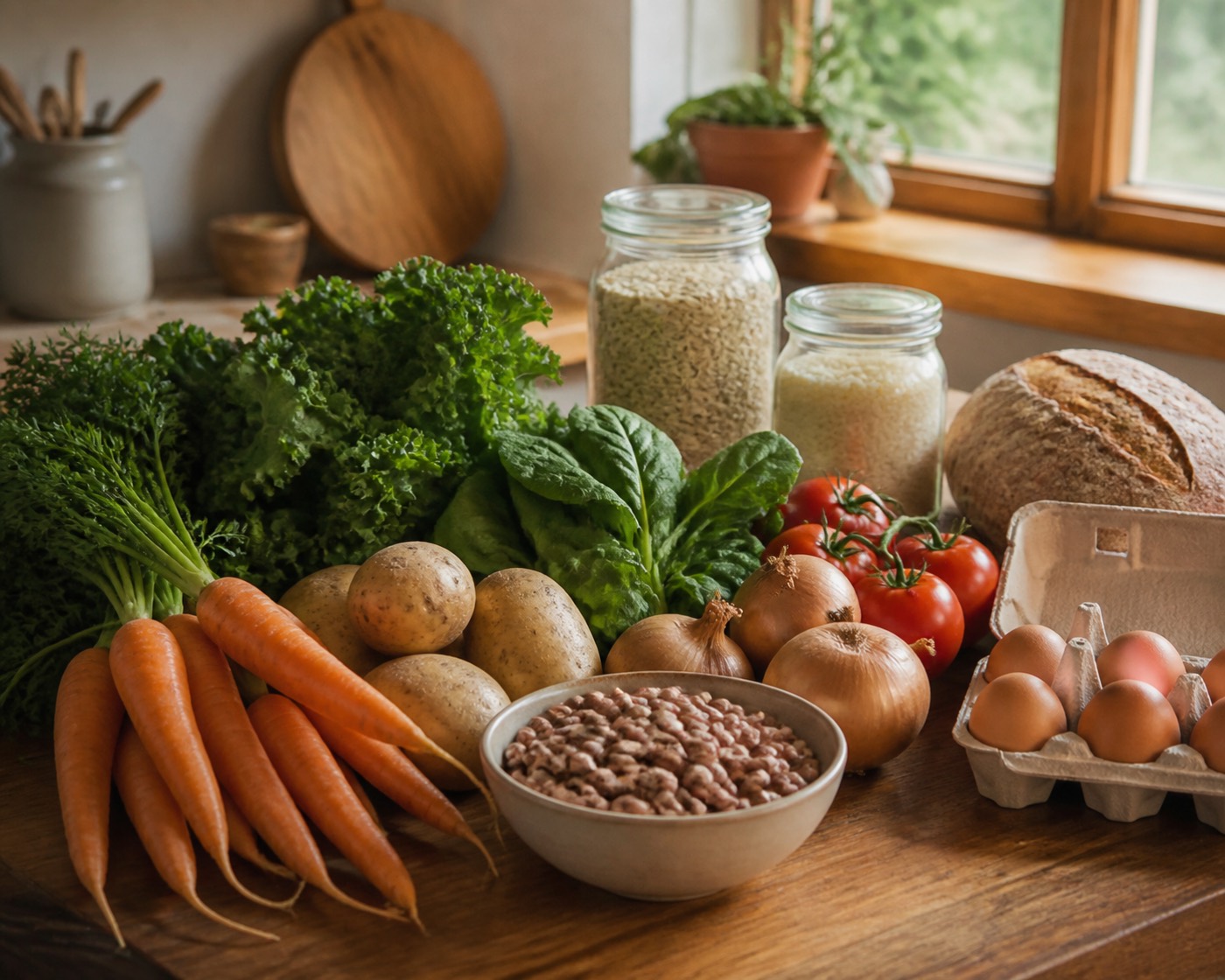 Everyday affordable groceries on a kitchen counter